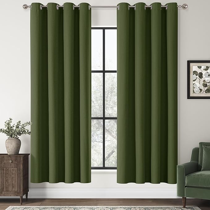 ChrisDowa 100% Blackout Olive Green Solid Curtains 72 Inches Long 2 Panels for Bedroom Living Room,Farmhouse Room Darkening Thermal Insulated Soundproof Grommet Top Window Treatment Drapes,52x72