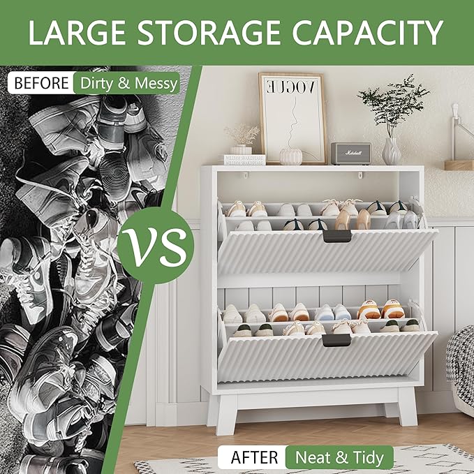 Shoe Cabinet with 2 Flip Drawers, 37" Tall Narrow Fluted Shoe Storage Organizer for Entryway, Hidden Slim Wooden Shoe Rack Cabinet for Front Door Entrance, Hallway, Living Room, Solid White