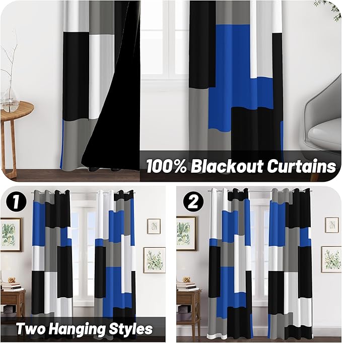 Royal Blue 100% Blackout Curtains for Bedroom 63 inch Long 2 Panels Set Navy Blue Modern Abstract Black Out Curtains Black Grey Insulated Room Darkening Window Drapes for Living Room, 52Wx63L