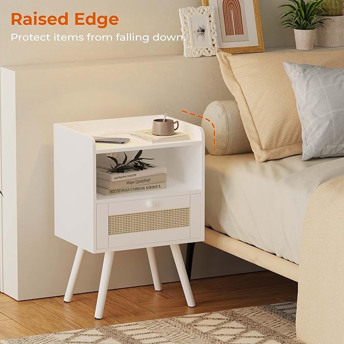 SUPERJARE Nightstands with Charging Station, Bedside Table Set of 2 with PE Rattan Drawers, Rattan Side Table with Storage & Solid Wood Feet, End Table for Bedroom, White