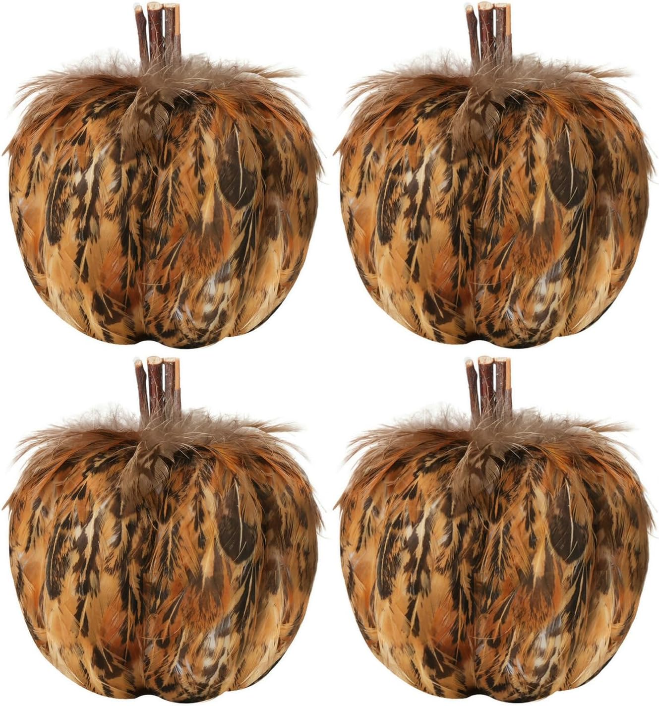 naturevibe 4.3 Inches Elegant Feathered Pumpkin Decor Set of 4 for Thanksgiving Decorations, Natural Feather Pumpkins as Fall Home Decor,Centerpieces for Tables or Autumn Harvest Gifts