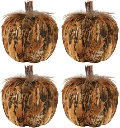 naturevibe 4.3 Inches Elegant Feathered Pumpkin Decor Set of 4 for Thanksgiving Decorations, Natural Feather Pumpkins as Fall Home Decor,Centerpieces for Tables or Autumn Harvest Gifts