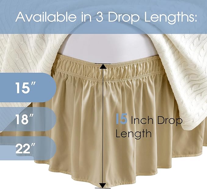 FreshCulture Queen Bed Skirt, Elastic Wrap Around Bed Skirt Queen Size, Bed Skirts for Adjustable Bed, Easy Fit with 15-Inch Tailored Drop, Hotel Quality Dust Ruffle for Queen Bed (Beige)