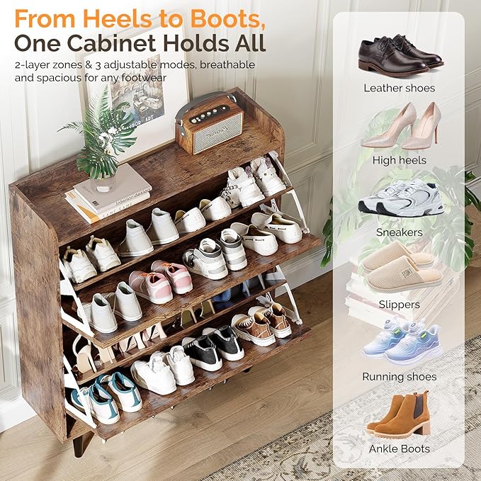VINGLI Shoe Storage Cabinet for Entryway with 2 Flip Drawers, Ultra Slim Freestanding Entryway Shoe Organizer with Wood Tapered Legs,Hidden Closed Shoe Rack,31.6" W * 9.4" D * 39.4" H, Rustic Brown