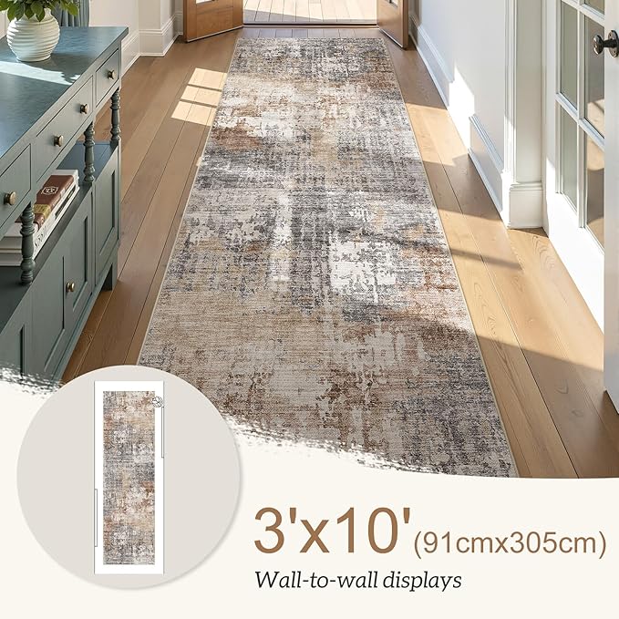 3x10 Washable Runner Rug for Hallway: Soft Neutral Modern Abstract Low Pile Rug Indoor - Carpet for Bedroom Dining Room Kitchen Entryway - Grey Brown