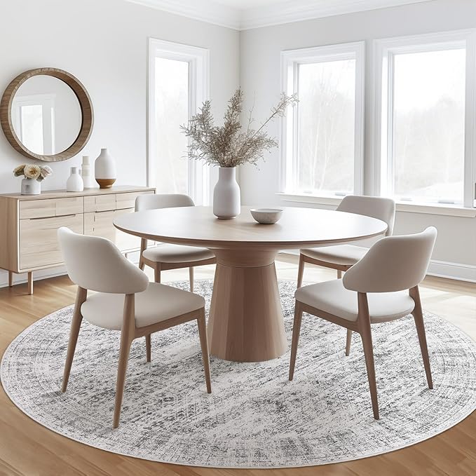 8x8 Grey Round Rug 8ft Living Room Circle Rug Vintage Round Area Rug Non Slip Indoor Carpet for Apartment