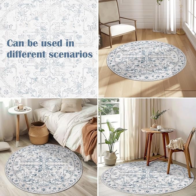 jinchan Lima Round Rug 5ft Vintage Machine Washable Area Rug Indoor Circle 5' Ultra-Thin Non-Slip Floral Print Carpet for Farmhouse Entryway Dining Room Living Room Bedroom Office (5'Round, Blue)