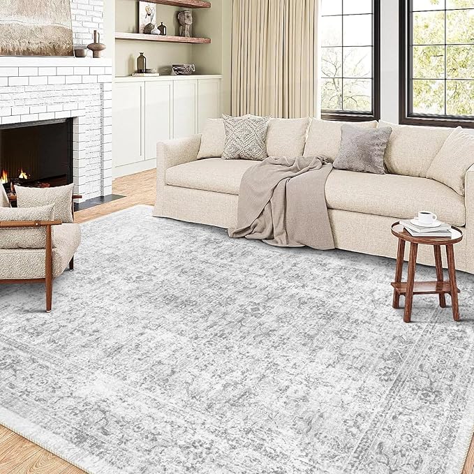 vivorug 9x12 Area Rugs for Living Room, Non Slip Machine Washable Vintage Rug, Ultra-Thin Lightweight Large Area Rug for Bedroom, Dining Room, Low Pile Grey