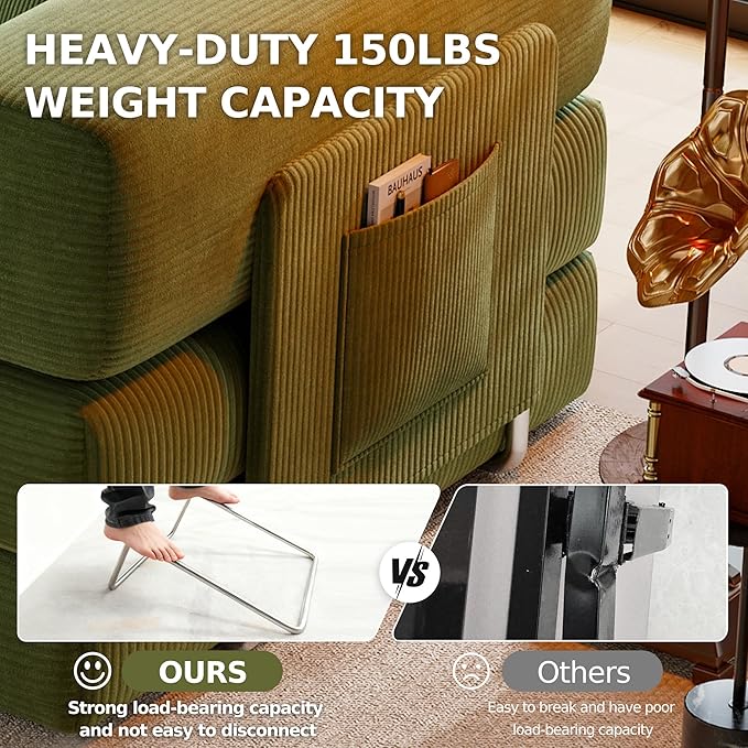 78.8" Convertible Sofa Bed,Corduroy Futon Couch with Storage Pocket,Folding Pull Out Futon Sofa,No Assembly Boneless Couch for Living Room,Green