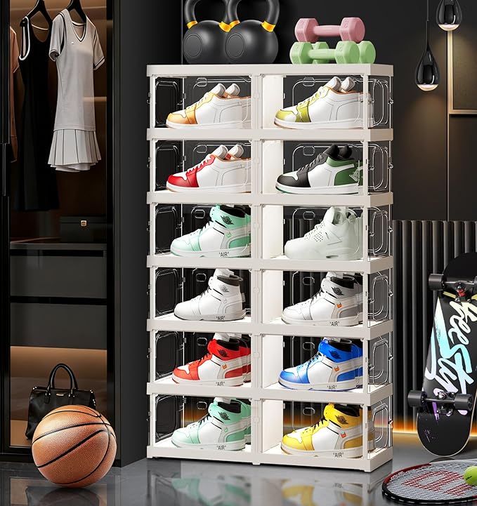 6-Tier 12-Pairs Foldable Shoe Rack with Magnetic Doors,4-Sided Clear Design,Taller Storage for High Shoes & Sneakers,Stackable Shoe Storage Cabinet Space-Saving Organizer for Closet,Cloakroom