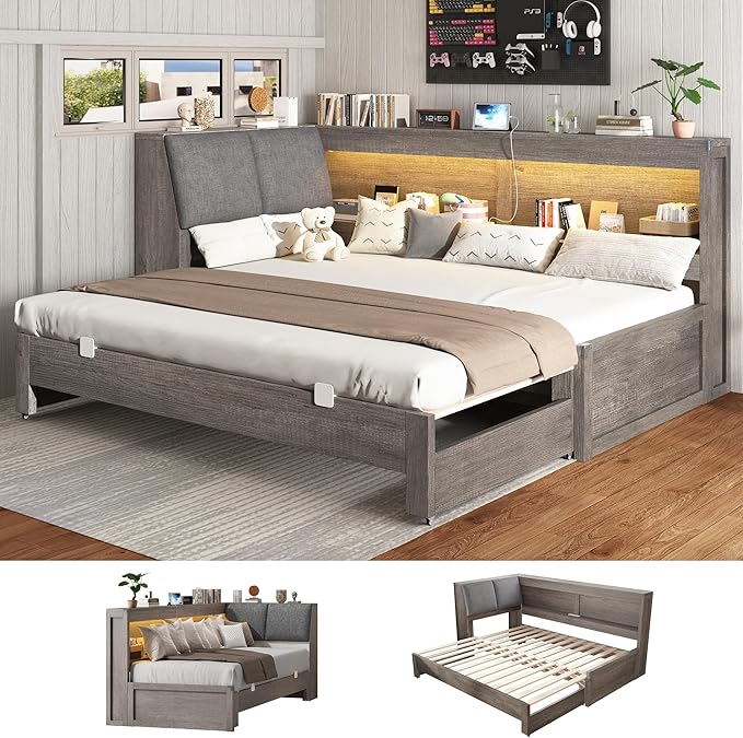 Corner Bed Frame with Trundle and Bookcase Upholstered Headboard, 3-in-1 Twin Size Wood Daybed with Extendable Bed, LED Lights and Charging Station, for Bedroom, Guest Room, Grey