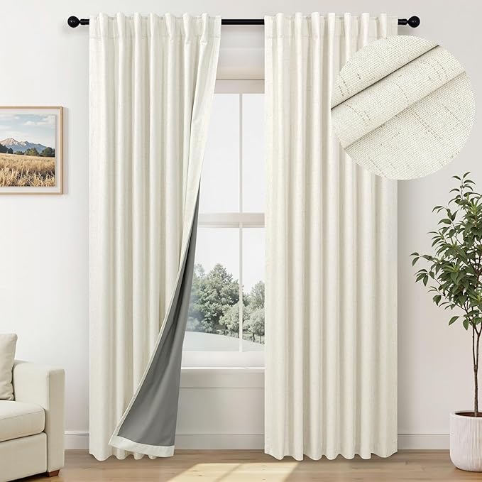 Room Darkening Curtains 63 Inches Long Small Bay Window Dining Room Curtains Boho Soft Cotton Linen Textured Insulated Back Tab Pocket Pleated Blackout Drapes Cream Ivory 52 x 63 Inch Length 2 Panels