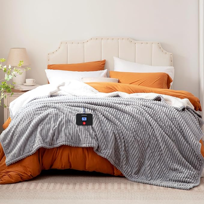 Westinghouse Electric Blanket Twin, Soft Ribbed Flannel to Sherpa Heated Blanket with 10 Heating Levels & 1-12 Hours Auto Shut Off, Fast Heating & Machine Washable, 62x84 Inch, Light Grey