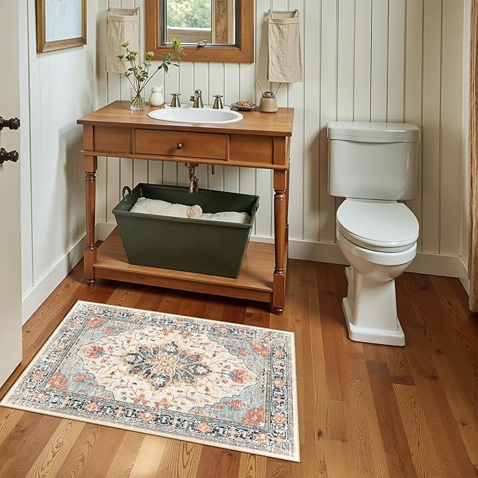 Area Rugs 2'x4' Washable Non-Slip, Floral Vintage Distress Print Pattern Medallion Carpet for Living Room Bedroom Dining Room, Beige Navy Blue Orange Colorful