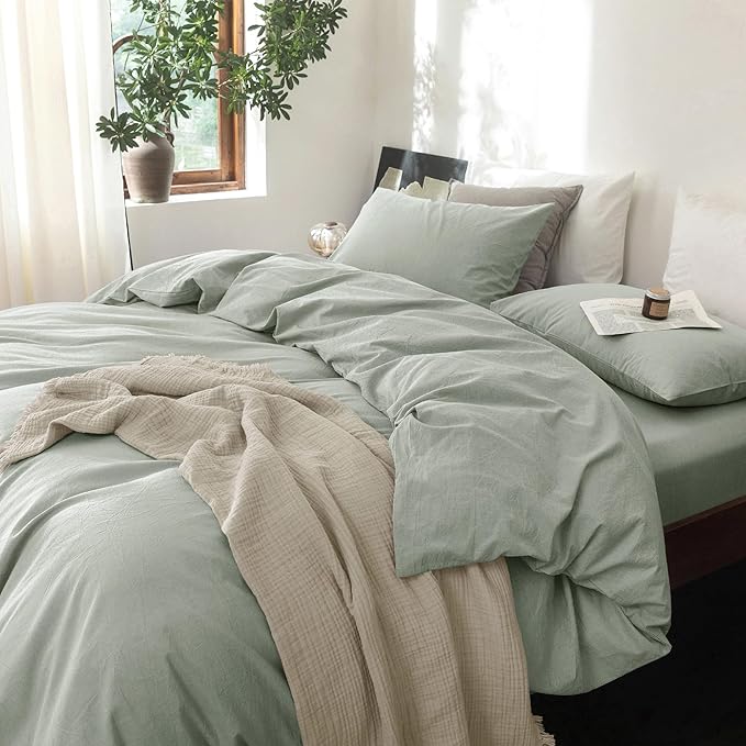 FOSSA Duvet Cover Set 100% Washed Cotton Linen Feel Super Soft Breathable Cozy 3 Pieces Bedding Sets Solid Sage Green Full/Double