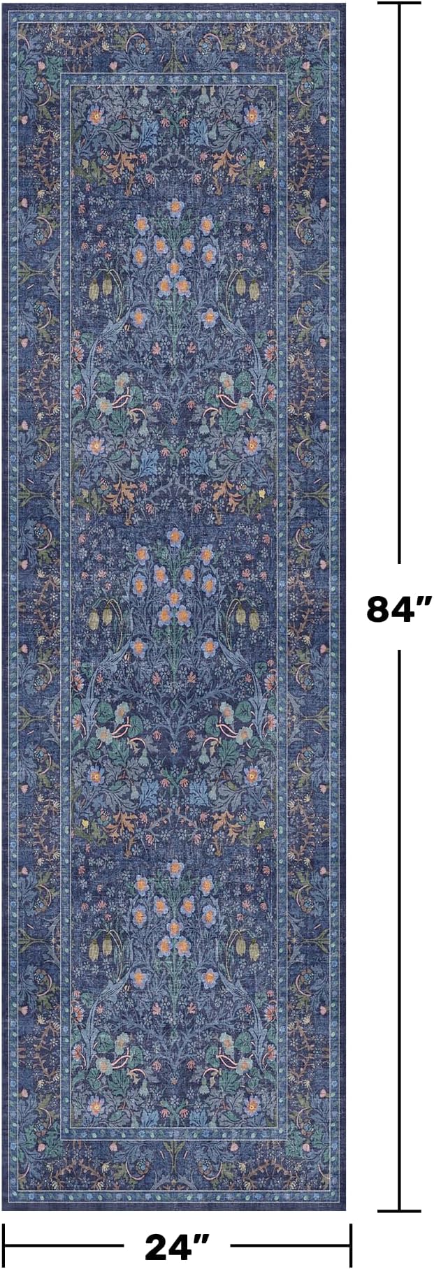 Non Slip 2x7 Dark Blue Kithen Runner Washable - Long Runner Rugs for Hallway, Bathroom, Bedroom Bedside - Dusky Navy Vintage Floral Décor