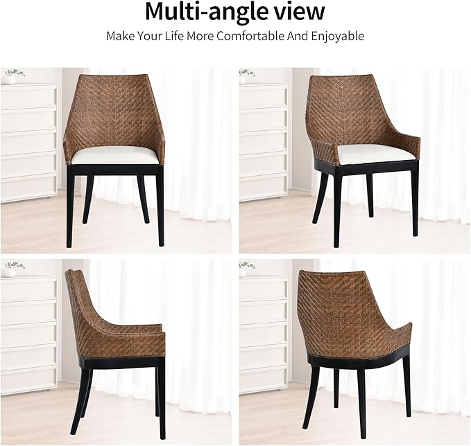 DUHOME Natural Rattan Accent Chair, Tropical Coastal Herringbone Weave Solid Wood Frame Armchair with Cream Upholstered Cushion & Black Tapered Legs, Ergonomic Comfort for Living Room Reading Nook