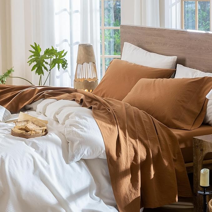 MooMee Bedding Sheet Set 100% Washed Cotton Linen Like Textured Breathable Durable Soft Comfy (Solid Dark Orange, Full)