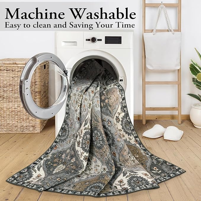 Lahome Moroccan Washable Living Room Rug, 5x8 Rugs for Bedroom Dining Room, Soft Non-Slip Non Shedding Boho Distressed Throw Carpet for Nursery Office, Grey