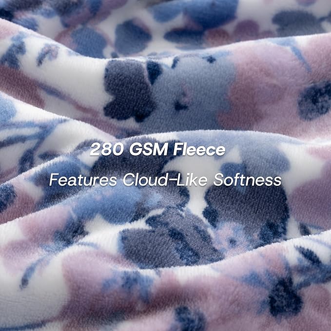 Luxury Printed Fleece Warm Blanket, Soft Lightweight Velvety Plush Throw for Couch and Bed, Cozy Comfy for All Seasons(White Purple Flowers, 90×90 Inches)