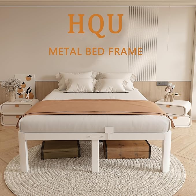 16 Inch Bed Frame King Size with Metal Gaskets, Anti-Slip Mattress Stopper, No Box Spring Needed, Heavy Duty Steel Support 3500 LBS, DIY Headboard, Round Corner Leg, Easy Assembly, White