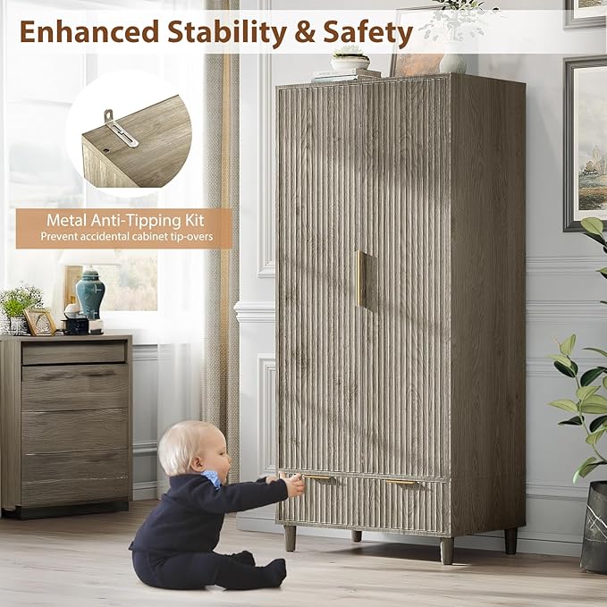 VINGLI Fluted Armoire Wardrobe Closet Wooden with Doors and Drawers, Wardrobe Cabinet with Hanging Rack, Bedroom Closet Wood, Free Standing Armoire with Shelf and Solid Wood Legs, Grey