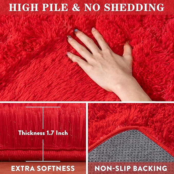 Soft Red Rugs for Bedroom, 4x6 Fluffy Fuzzy Shaggy Rugs for Living Room, Non-Slip Bedside Shag Rug Carpet for Kids Room Nursery Dorm Home Decor