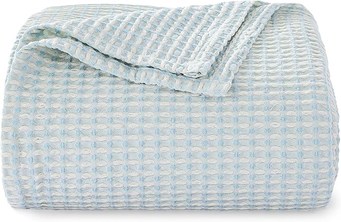 EGOHOME 100% Cotton Queen Size Blankets for Bed,Soft Jacquard Waffle Weave Blanket,Lightweight and Breathable Unique Dual-Tone Texture Cotton Blanket for All Seasons-Angel Falls Blue,90 x 90 Inches