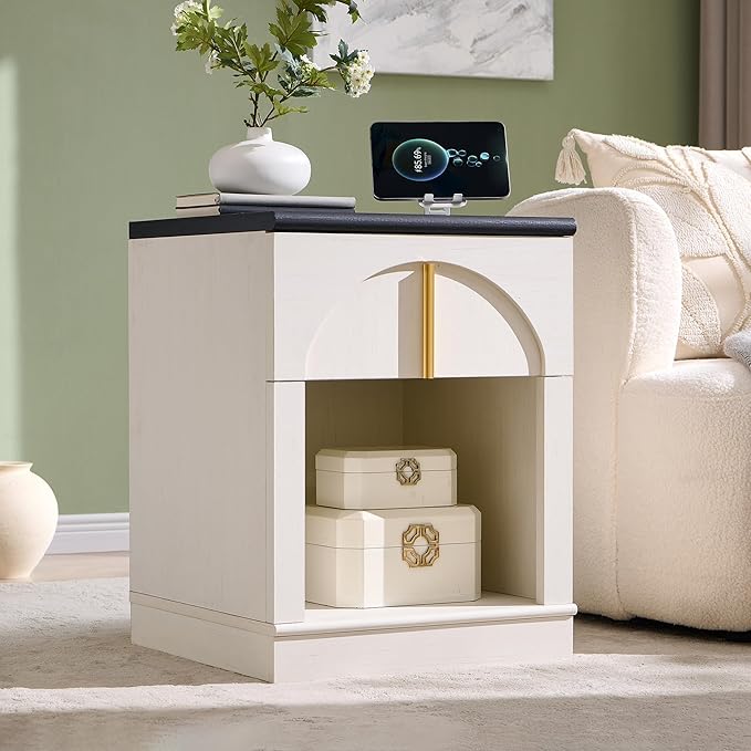 ACCOHOHO Modern Night Stand Set 2 with Arched Panel,18" Wooden nightstand with Charging Station,Bedside Table with Drawer Storage,Side End Table with Open Shelf for Bedroom,Living Room,White