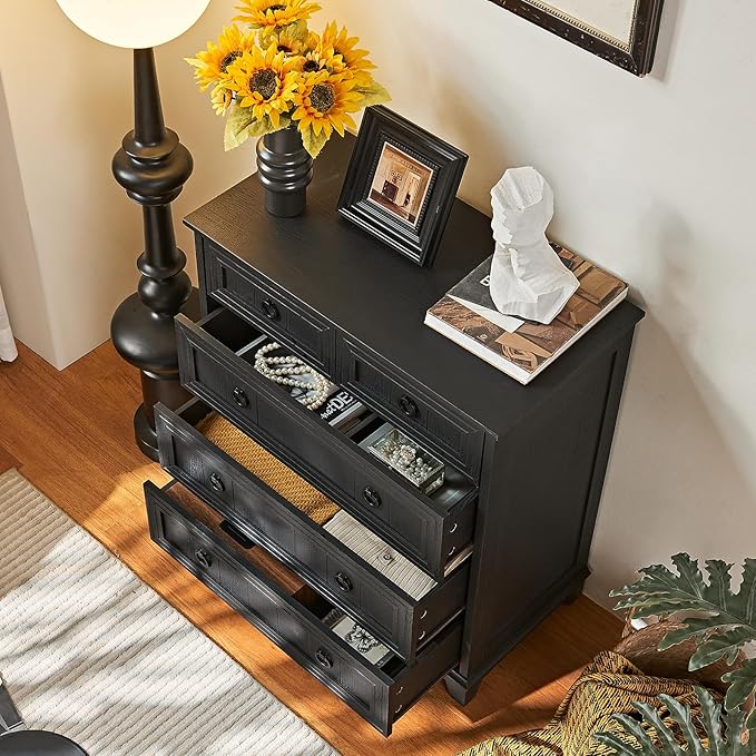 Farmhouse 5 Drawer Dresser for Bedroom, 33.2" Tall Small Dressers & Chest of Drawers, Rustic Wood Dresser with Metal Handle, Storage Organizer Closet for Living Room, Hallway, Entryway