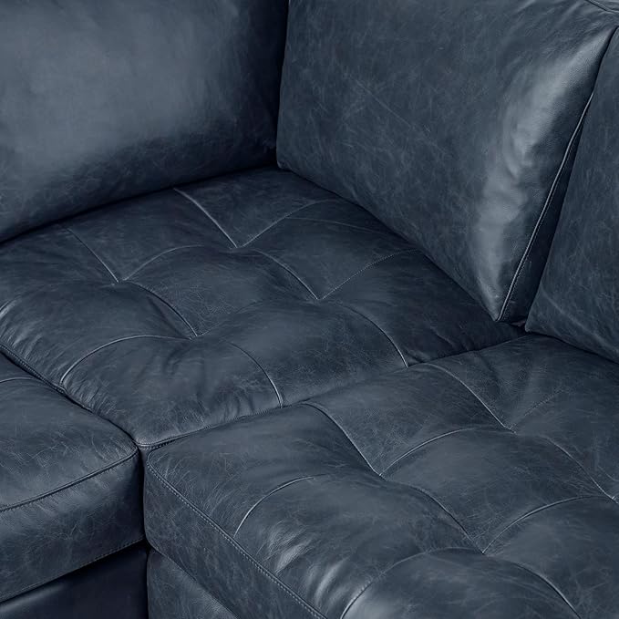 Poly & BARK Napa 98” Leather Corner Sectional Sofa – Full-Grain Italian-Tanned Aniline Leather, Feather-Down Comfort, Solid Wood Frame – Nightfall Blue