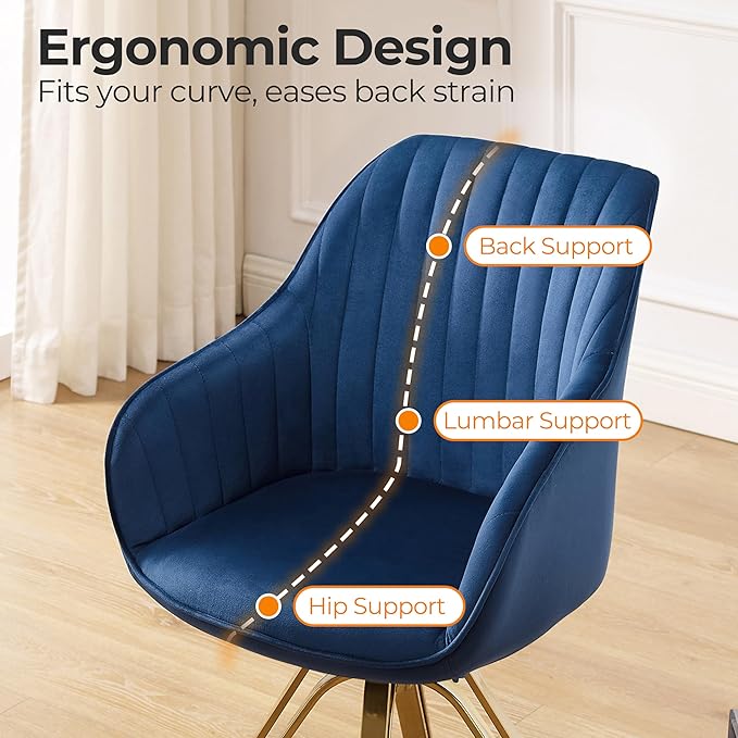 Zouron Mid Century Modern Swivel Accent Chair with Gold Metal Legs, Upholstered Swivel Chair No Wheels, Side Accent Arm Chair Vanity Chair for Small Space Home Office Living Room Bedroom, Dark Blue