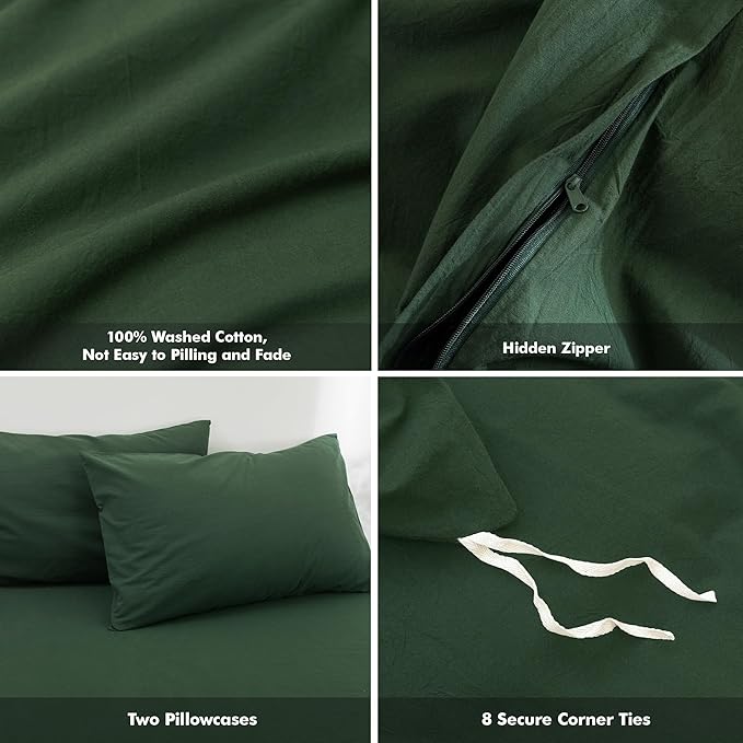 FOSSA Duvet Cover Set 100% Washed Cotton Linen Feel Super Soft Breathable Cozy 3 Pieces Bedding Sets Solid Forest Green Oversized King Plus