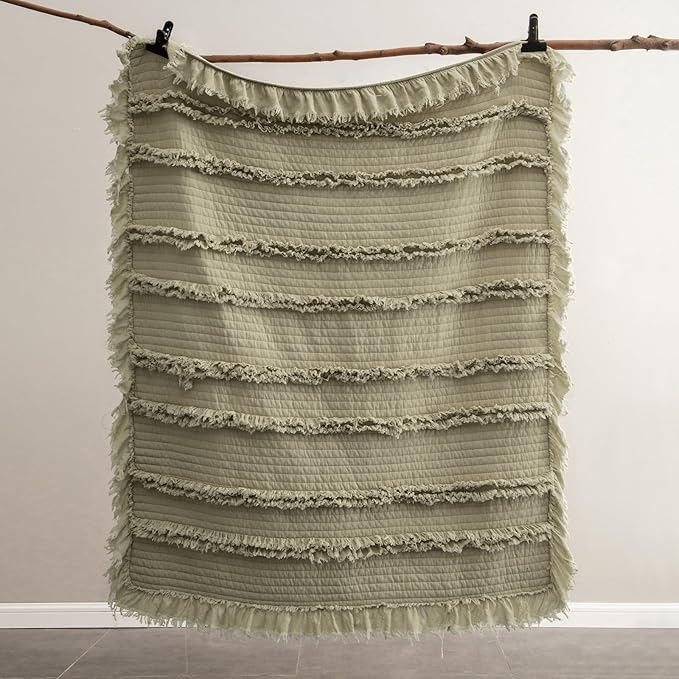 Ultra Soft Pre-Washed Quilted Boho Olive Green King Size Blankets for Bed, Green Ruffle Fringed Decorative Throw, Stone Washed Chic Rustic Blanket for Sofa Couch Bed, 104"*90"