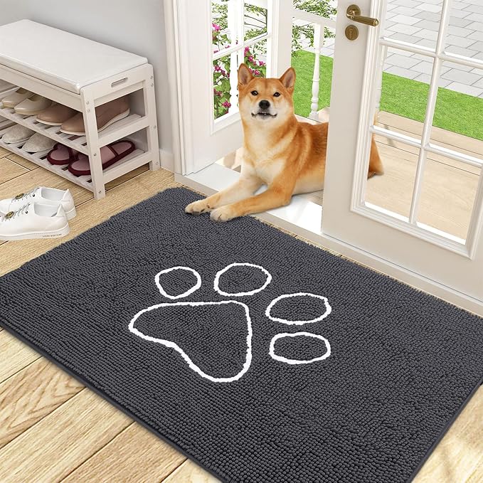 OLANLY Dog Door Mat for Muddy Paws 48x30, Paw Print Design, Absorbs Moisture and Dirt, Absorbent Non-Slip Washable Doormat, Quick Dry Chenille Mud Mat for Dogs, Entry Indoor Entryway Carpet, Dark Grey