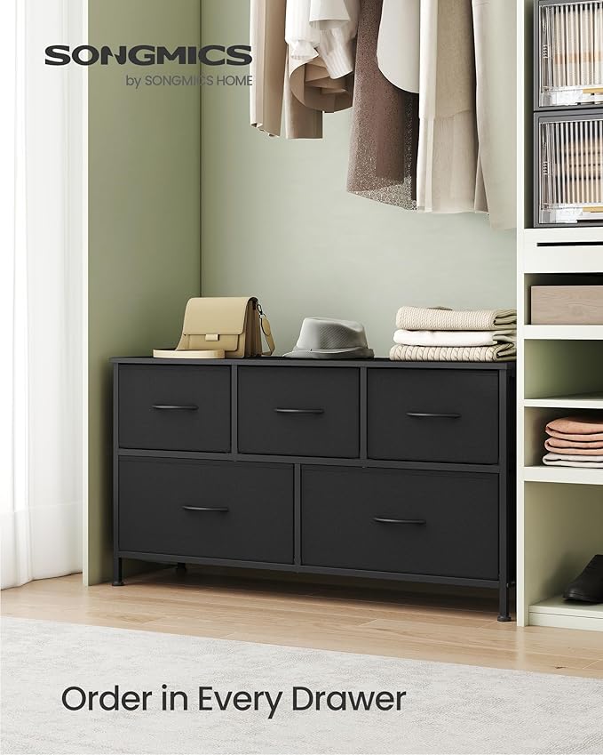 SONGMICS Dresser for Bedroom, Chest of Drawers, Steel, MDF, 5 Non-Woven Fabric Drawers, Storage Organizer Unit, Closet, Entryway, Ink Black and Ebony Black ULGS322B01S