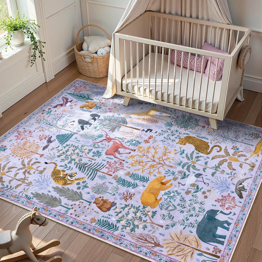 OJIA Animal Print Washable Rug 5x7 Area Rugs for Nursery, Soft Kids Bedroom Rug Ultra-Thin Non-Slip Modern Living Room Carpet, Stain Resistant Throw Carpet for Office Dining Room