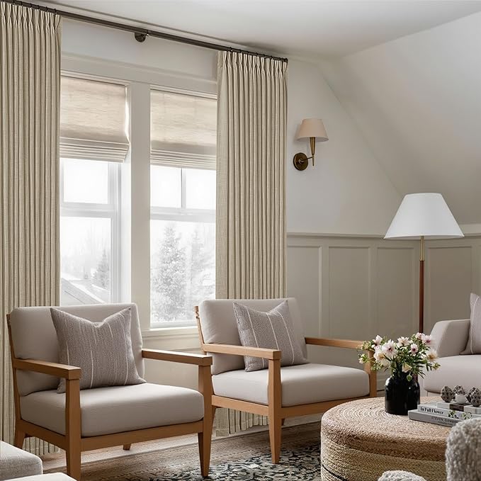 Neutral Pinch Pleated 96 Inch Curtains 2 Panels Set for Windows Flax Linen Textured Drapes Pinch Pleat Back Tab Privacy Light Filtering Greige Curtain Drape with Hooks Rings for Living Room Bedroom