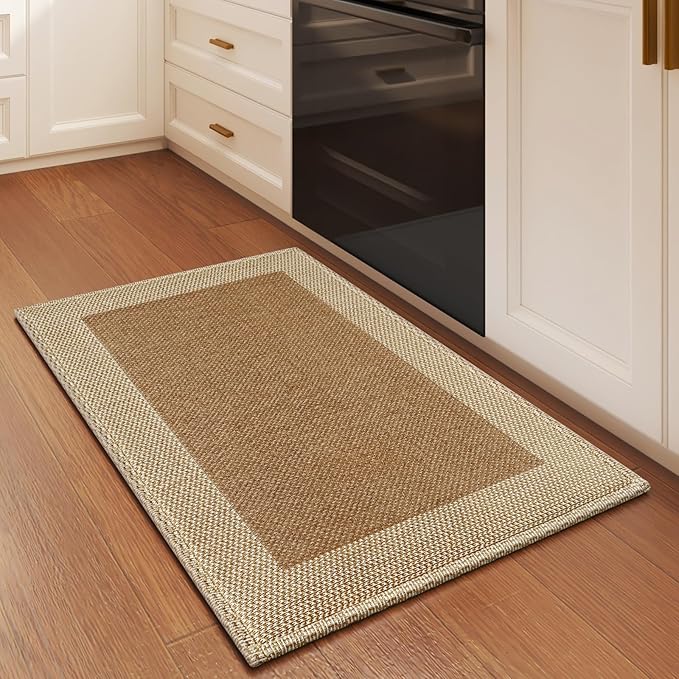 Anti Fatigue Kitchen Mats for Floor, Super Absorbent Kitchen Rugs Non Slip Washable, Soft Linen Braided Kitchen Runner Rug, Standing Mat Kitchen Sink Mat, Easy to Clean, Brown 17x30