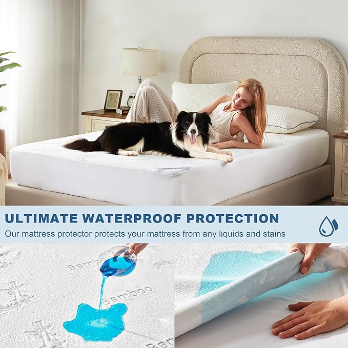 BEDLORE Queen Size Waterproof Mattress Protector Viscose Derived from Bamboo, Soft Mattress Cover Fitted with Deep Pocket 6"-18", Breathable & Cooling Noiseless Mattress Pad, Machine Washable(White)