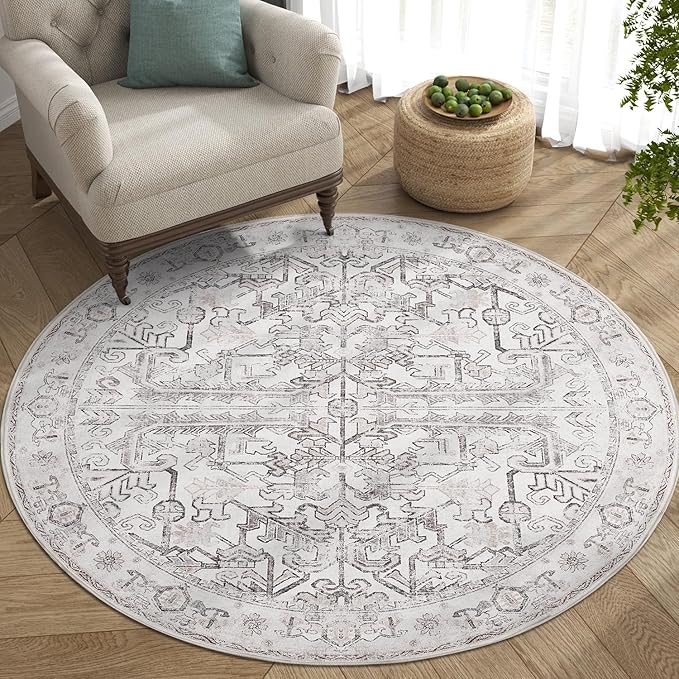 jinchan Lima Round Rug 4ft Vintage Machine Washable Area Rug Indoor Circle 4' Ultra-Thin Non-Slip Floral Print Carpet for Farmhouse Entryway Dining Room Living Room Bedroom Office (4'Round, Taupe)