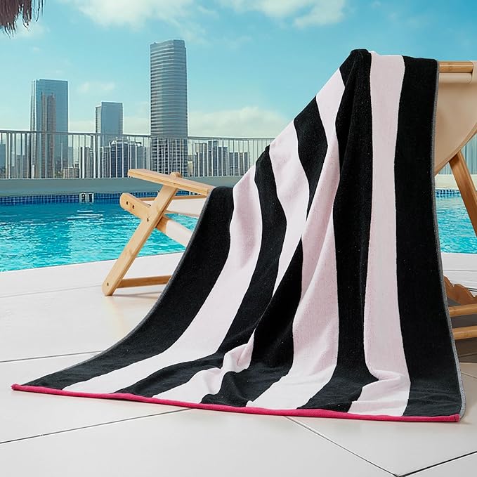 Juicy Couture Black/Hot Hot Pink/White Pink Reversible Cabana 36" x 72" 100% Cotton Oversized Beach Towel - Soft, Absorbent, and Quick-Drying, Perfect for Beach, Pool, or Travel