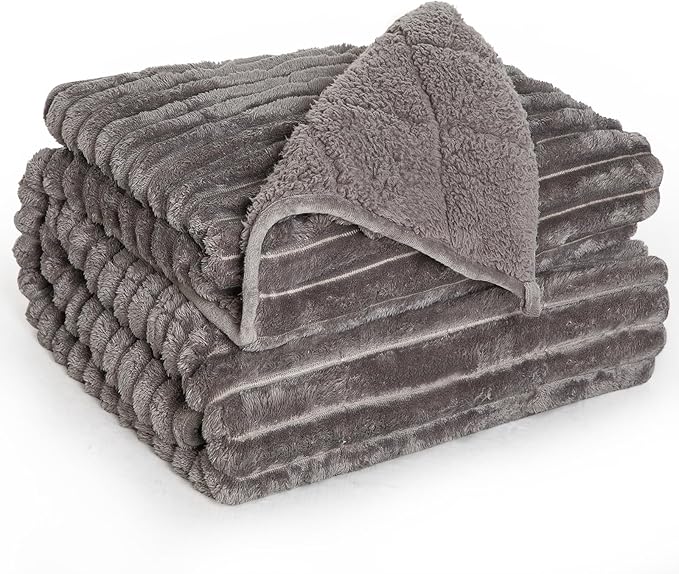 Sherpa Fleece Weighted Blanket with 3D Ribbed Stripes, 15 lbs Soft Flannel Heavy Throw Blanket for Couch Bed Sofa, Heavy Thick Blankets with Ceramic Beads, Great for Sleep, 48" x 72"