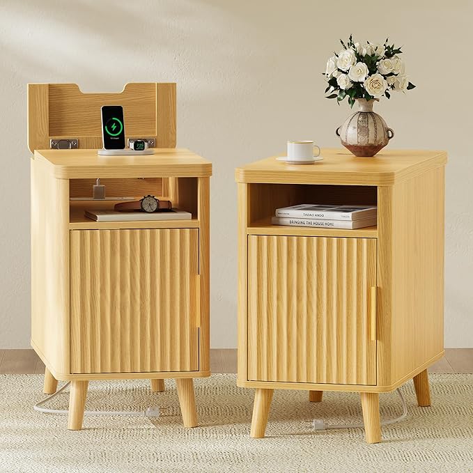 Huuger Narrow Nightstand with Charging Station, USB-C Port, Set of 2 Night Stand, Fluted End Table with Storage Cabinet, Back Rack, Side Table for Small Spaces, 13.4×23.6 Inch, Natural