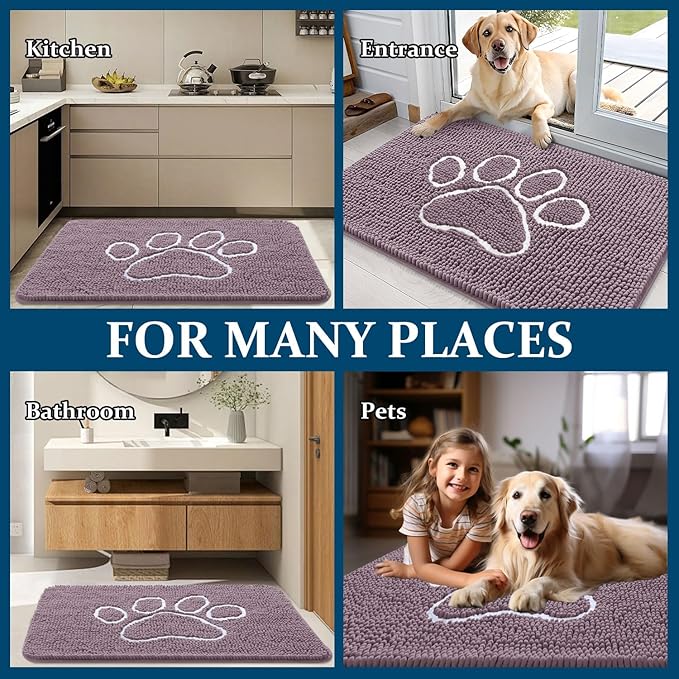 OLANLY Dog Door Mat for Muddy Paws 40x32, Paw Print Design, Absorbs Moisture and Dirt, Absorbent Non-Slip Washable Doormat, Quick Dry Chenille Mud Mat, Entry Indoor Entryway Carpet, Deep Plum