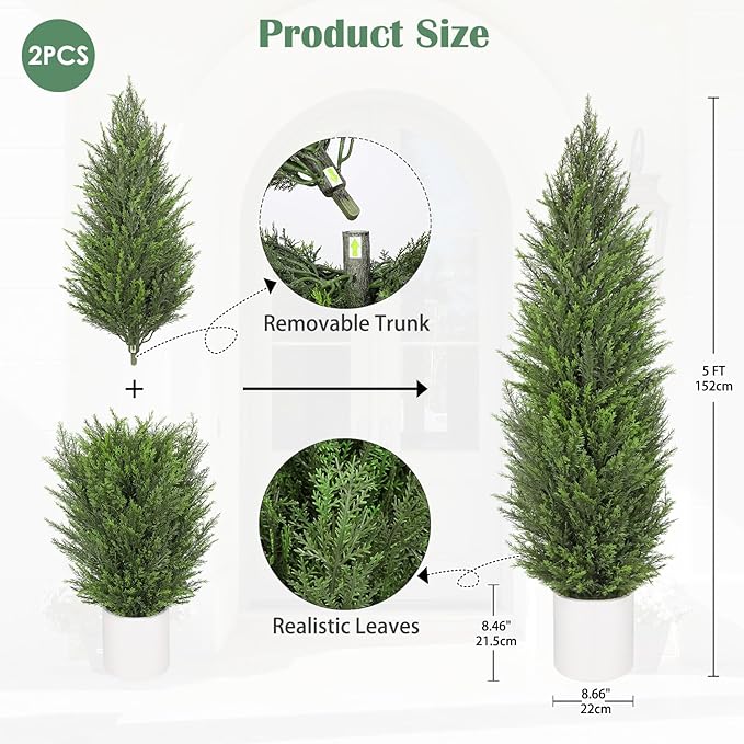 Briful 2PCS 5ft Artificial Cedar Topiary Trees in White Planter – Tall Faux Evergreen Potted Plants, Indoor Outdoor Fake Cypress Shrubs, Lifelike Fake Trees for Home, Office, Patio, Porch, Entryway