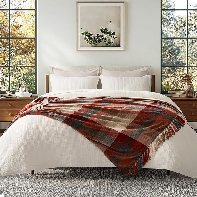 EVERGRACE Plaid Chenille Throw Blanket for Couch, Super Soft Cozy Decorative Fall Throw Blanket with Tassels for Bed Sofa Gift, Lightweight Harvest Plaid Throw Blanket for Autumn 60"x80"