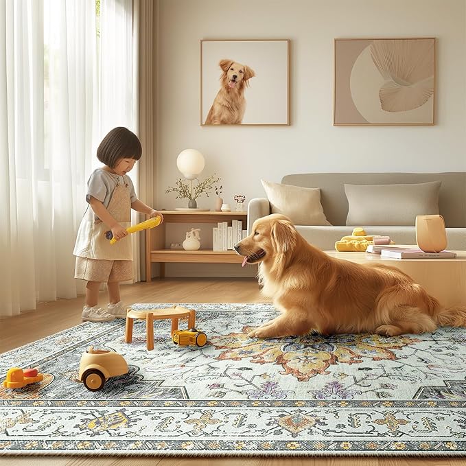Area Rugs 3'x5' Washable Non-Slip, Floral Vintage Distress Print Pattern Medallion Carpet for Living Room Bedroom Dining Room, Light Yellow Carbon Grey Orange