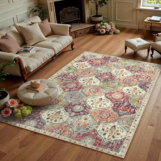 Lahome Moroccan Machine Washable Rugs for Living Room, 4x6 Rug for Bedroom Non-Slip Vintage Trellis Ultra-Thin Throw Carpet for Dining Room Office Nursery, Orange/Terracotta