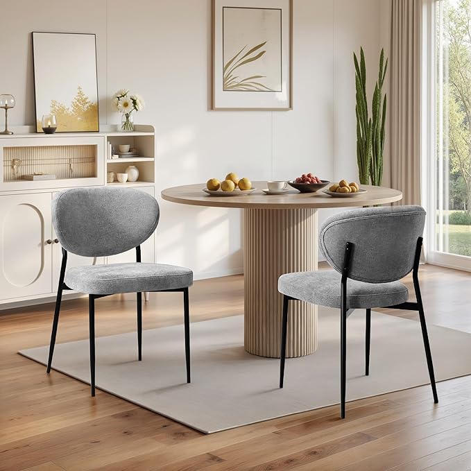 Dining Chairs Set of 2 Chenille Upholstered Dining Room Chairs with Crescent-Shaped Backrest Modern Ergonomic Accent Kitchen Chairs with Swivel Leveling Feet for Bedroom/Vanity Grey
